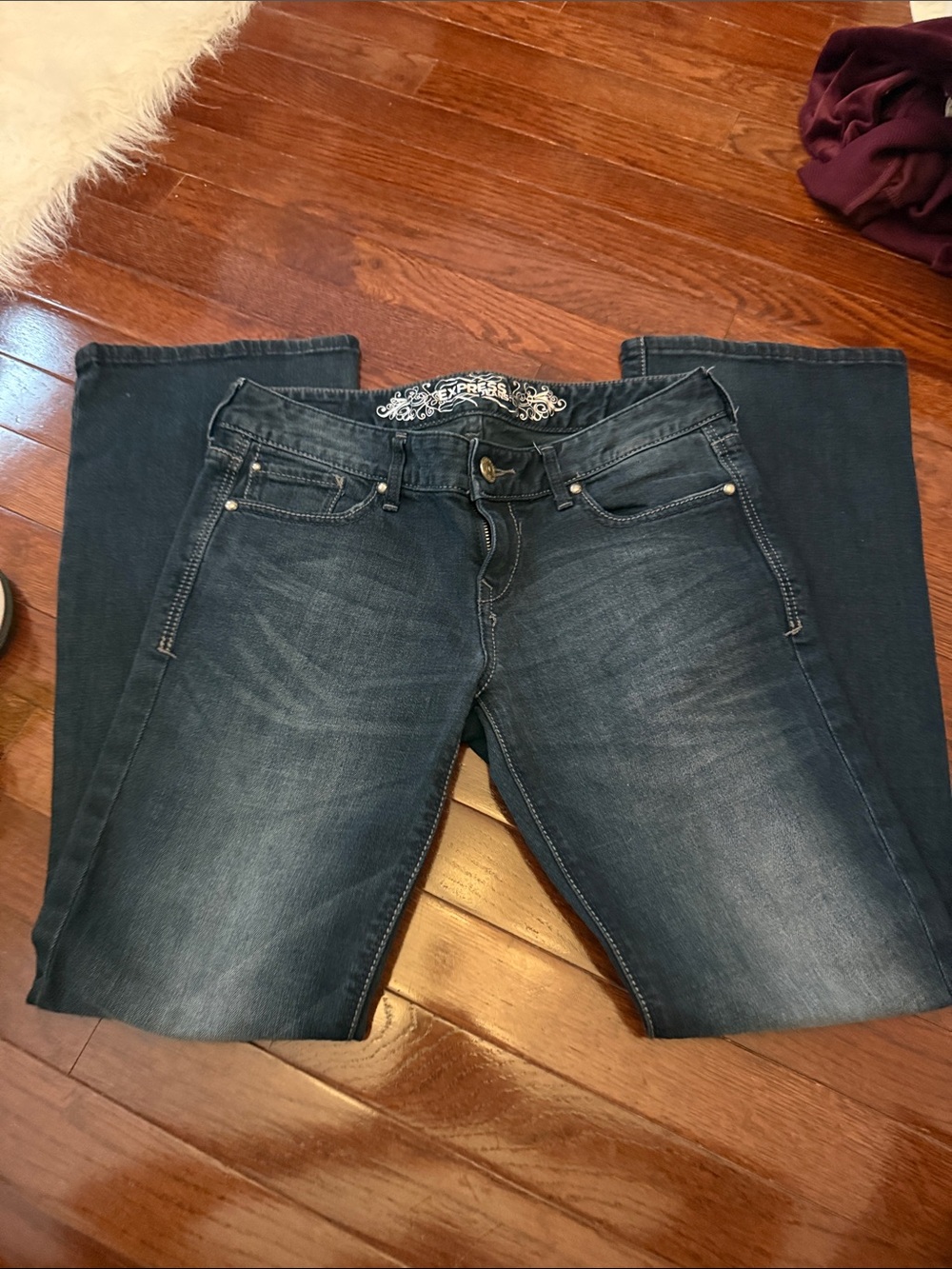 Express Women's Boot Cut Jeans in Dark Wash Blue